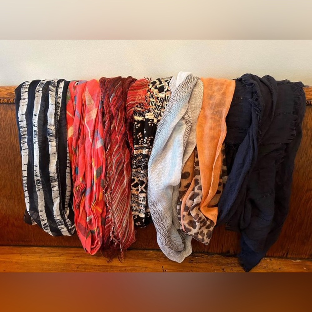 Seven decorative scarves; five are infinity